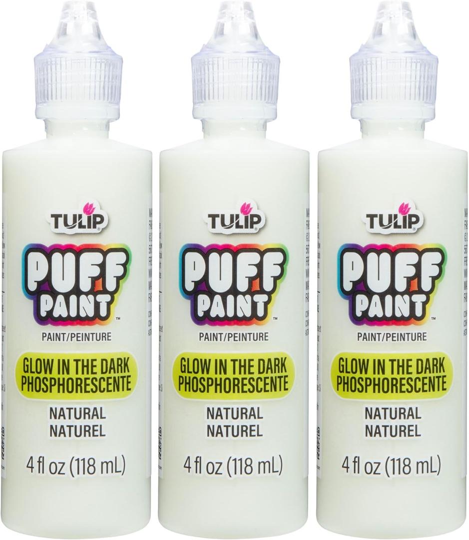 Tulip Puff Glow In The Dark Fabric Paint, Permanent Craft Paint for Clothes, DIY Projects, Notoxic, 4 fl oz 3-Pack, Glow Natural