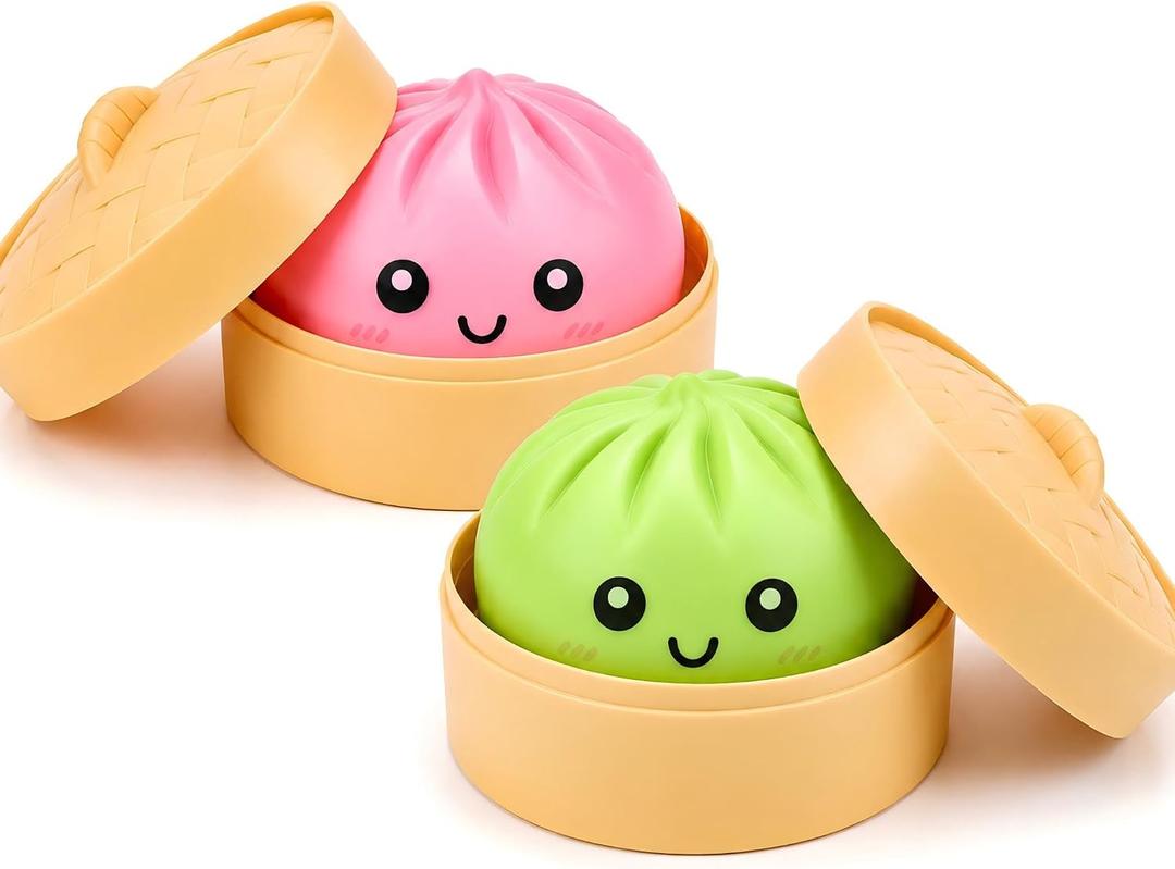 2 Pcs Mystery Pink Green Dumpling Squishies with Steamer Box,Soft Stretchy Bao Bun Stress Relief Balls,Sensory Fidget Squeeze Toys for Anxiety Relief,Decompression Desk Toys