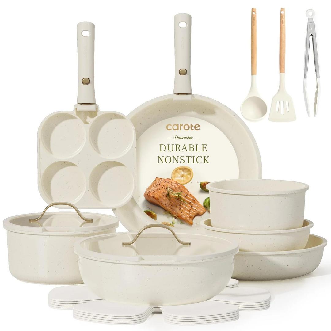 Carote 19Pcs Pots And Pans Set Non Stick, Cookware Set With Detachable Handle, Kitchen Cookware Sets With Removable Handle, Cookware Set, Oven Safe, Cream White