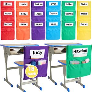 Moopok 1/18 Pack Chair Pockets for Classrooms K-2 Chairback Buddy Pocket Chart with 3 Pockets and 1 Student Name Tag, Chair Bags Classroom Student Chair Pockets Organizer