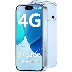 Mini Phone 4G Unlocked 3+32GB Mini Smartphone with 3.7'' HD Touch Screen 2000mAh Battery Compact Backup World's Smallest Phone for Kids & Students GPS Dual SIM Face ID Blue | 4G Unlocked 3+32GB