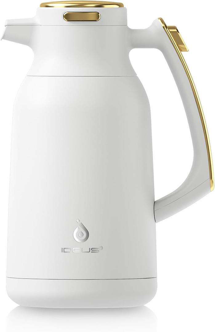 IDEUS Thermal Coffee Carafe 68oz (2,000ml), Stainless Steel Double Wall Insulated Vacuum Flask, Water Jug Coffee Server and Beverage Dispenser, Heat and Cold Retention (White-Gold, 68oz (2,000ml)) (67.6 Ounces)