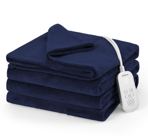 Sunbeam Electric Heated Bed Blanket Navy Soft Microplush 12 Heat Settings Full 84 x 72, Blue