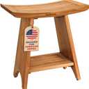 Premium 18" Teak Wood Shower Bench with Shelf, 2-Tier Waterproof Teak Shower Stool, Non-Slip Feet for Enhanced Safety, Spa Bath Seat for Bathroom, Indoor & Outdoor, 300 lb Capacity (Curved)