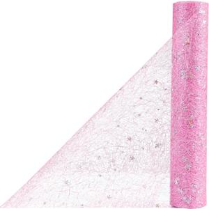 OSVINO Starry Moon Table Runner Silver Glitter, 11Inch x 33Feet Shimmer Metallic Sequin Mesh with Stars & Moons for Wedding Valentine's Day Table Decor, Bridal Baby Shower Birthday Party, Pink