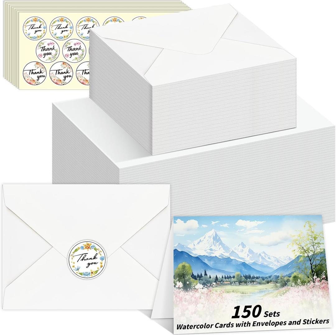 UZLU 150 Pack Watercolor Cards with Envelopes and Stickers, 5x7 Inches Watercolor Paper Cards, 140lb/300GSM Foldable Watercolor Postcards with Envelopes for Birthday Wedding Christmas New Year