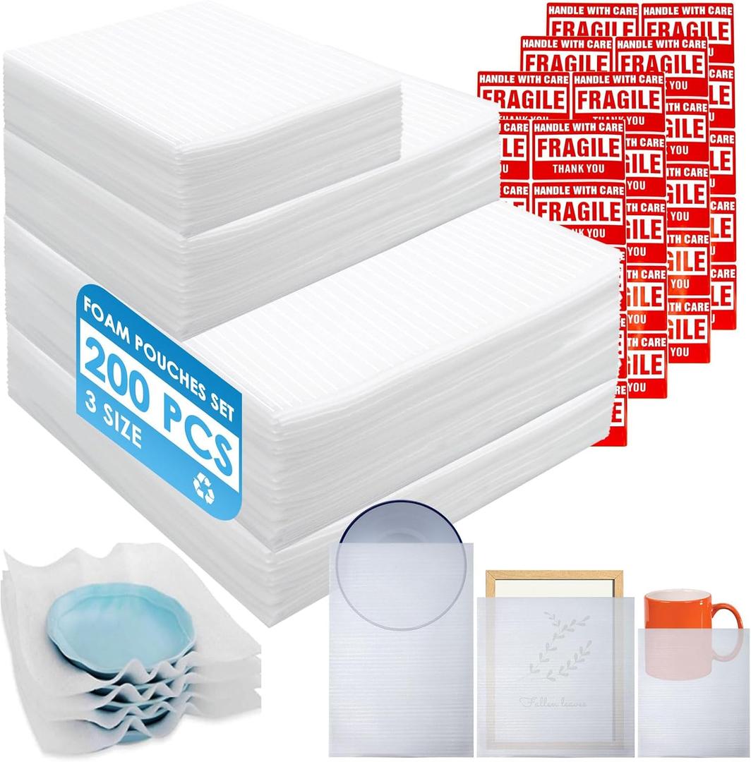 200 Pack Cushion Foam Pouches 3 Sizes wrap pouches with 12x12 Inch Foam Wrap Sheets dish packing kit Moving Fragile Items Packing Moving Supplies for Storage and Shipping With 50Fragile Stickers