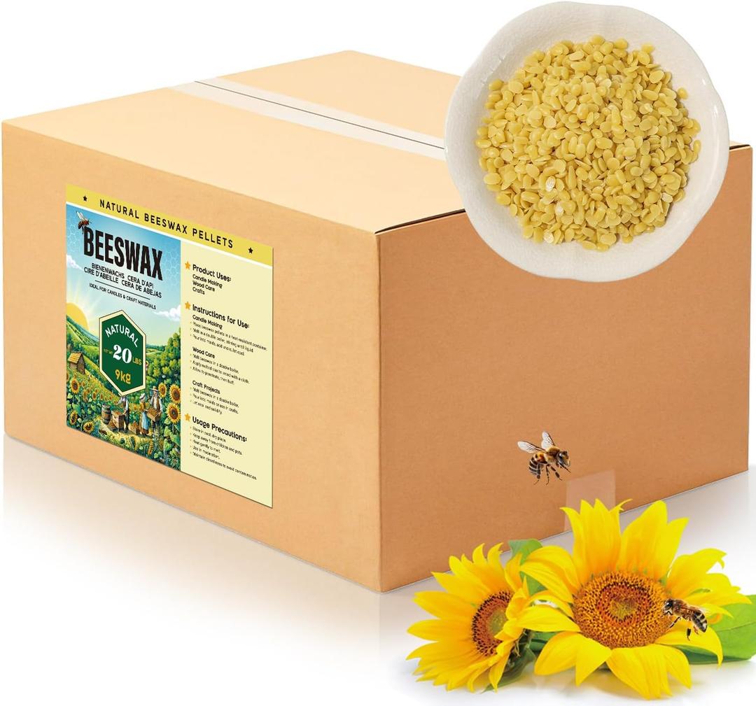Beeswax Pellets for Candle Making – 5lb/ 10lb/ 20lb – Natural Beeswax for Candles, Lip Balms, and Skincare – Yellow Beeswax for DIY Projects – Ideal for Beginners and Experts（20lb）