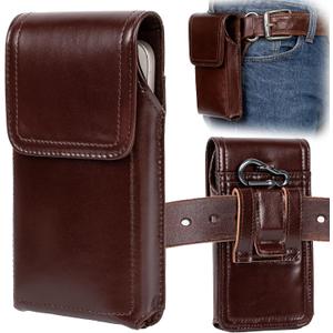 Leather Phone Holster - Genuine Full-Grain Buffalo Leather Cell Phone Holsters - for iPhone 16, 15, 14, 13pro, Galaxy S24, S23, S22-7.3" X 3.8" (Coffe, Large)