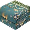 Boho 100% Muslin Organic Cotton Large Throw Blanket - All Season Rustic Ultra Soft Breathable Floral Bird Blanket for Bed Sofa Couch Chair Bedspread Quilt Gift, 60" x 80"-Teal,Beige