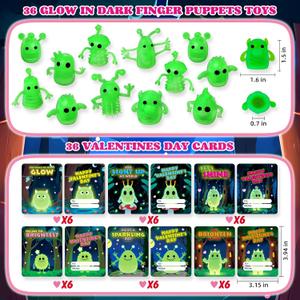 36 Packs Valentines Day Cards for Kids with Glow in The Dark Monster Finger Puppets, Classroom Exchange Valentines Day Gifts for Kids Party Favor Holiday Reward Prizes Supplies for Boys Girls