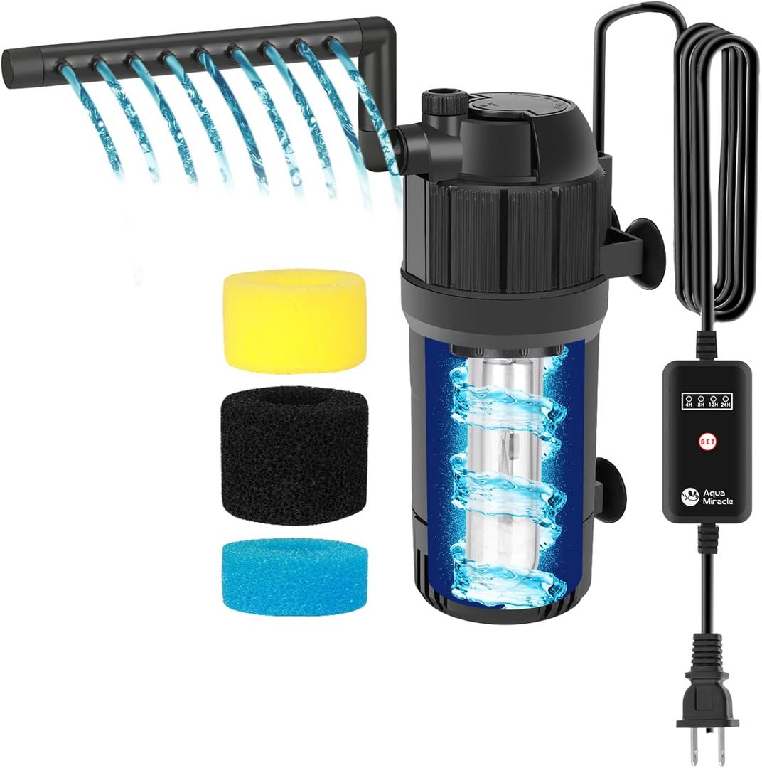 AquaMiracle Aquarium Filter for Green Water, U - V Fish Tank Filters with Timer (4/8/12/24 Hrs), Dual Mode (Aeration/Rainfall) Fish Filter for 10-40 Gallon Tanks, Flow Rate and Direction Adjustable
