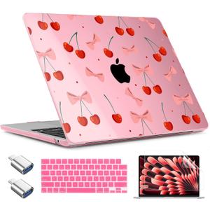 TWOLSKOO Compatible with M4 MacBook Air 13.6 inch Case 2025-2022 Release M4 A3240 M3 A3113 M2 A2681, Plastic Hard Shell & Keyboard Cover & Type C Adapter & Screen Protector, Cute Cherry