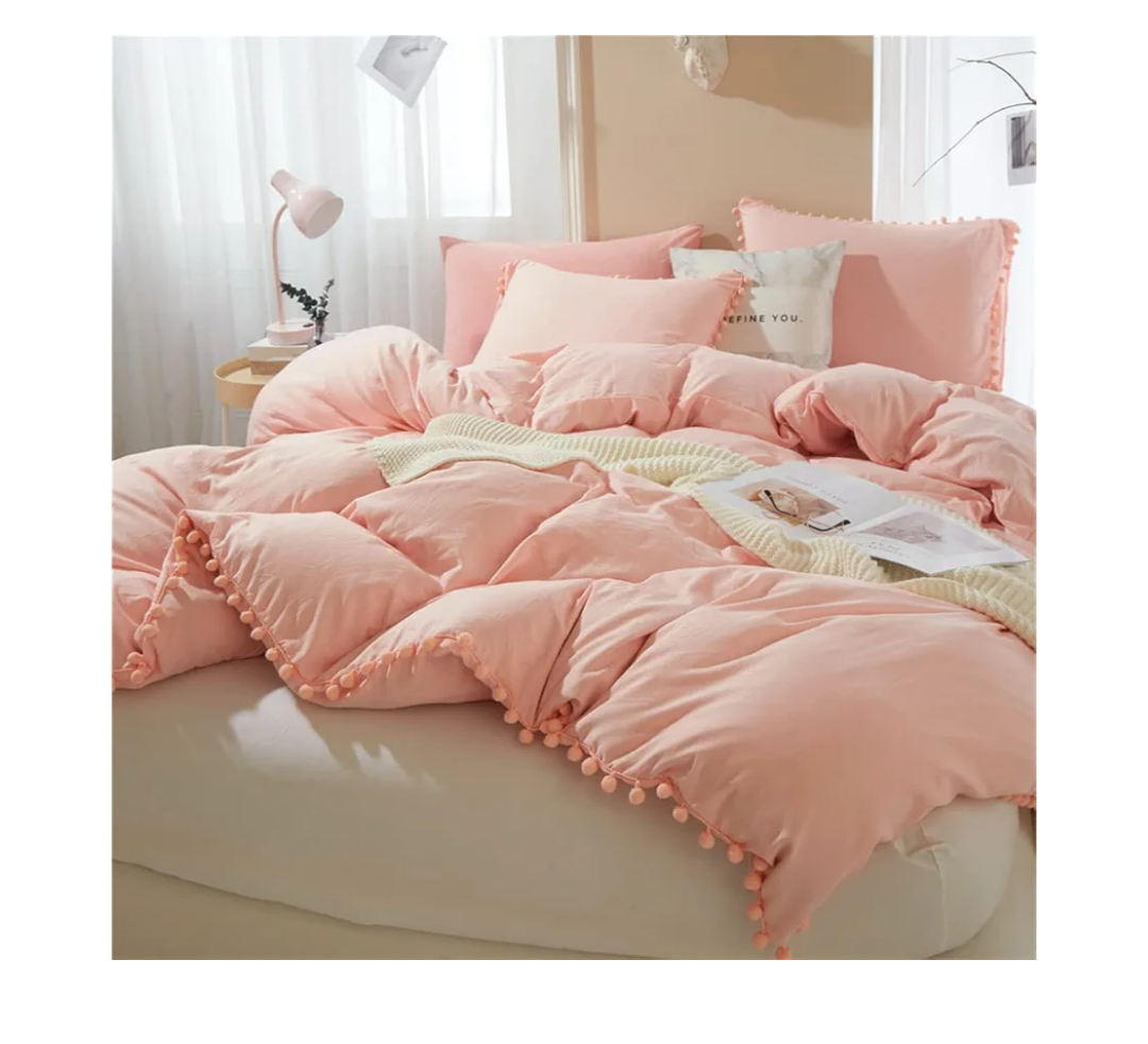 IHOUSTRIY Kid's Duvet Cover Twin Size,100% Washed Microfiber 2pcs Girl Bedding Duvet Cover Set, Pom Poms Fringe Solid Color Soft and Breathable with Zipper Closure & Corner Ties (Peach Pink, Twin)