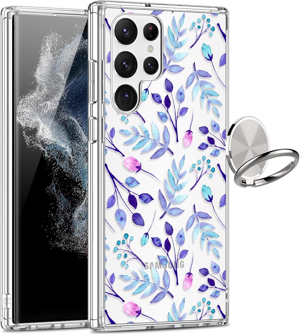 GiiKa for Galaxy S22 Ultra Case, Clear Girls Women Heavy Duty Shockproof Protective Hard Phone Cover Case for Samsung Galaxy S22 Ultra, Blue Floral