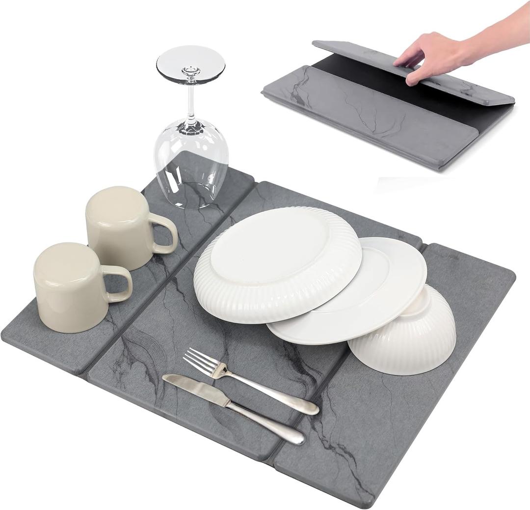 Large Stone Drying Mat for Kitchen Counter, Quick Dry Stone Mat Kitchen, Superb Absorbent Foldable Diatomaceous Earth Dish Drying Mat for Dishes Bottles Cups (Gray, Large) (19.6" x 15.7")