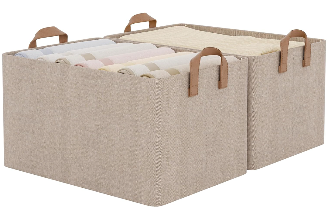StorageWorks Storage Bins, Fabric Storage Bins for Shelves, Extra Large Storage Baskets with Metal Frame, Closet Baskets and Bins with Handles, Jumbo, Brown and Beige, 2-Pack