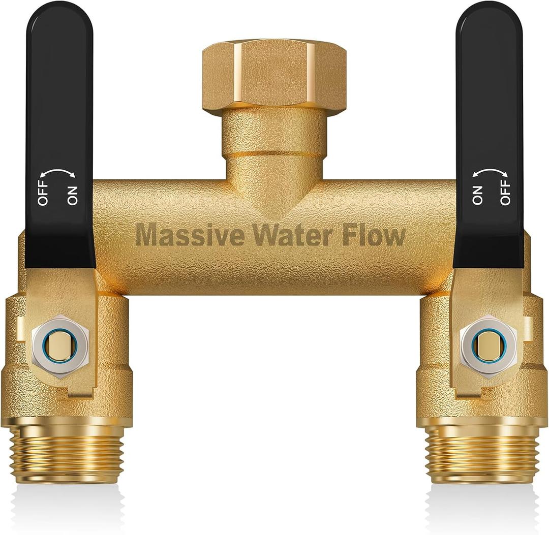 Hose Splitter 2 Way Heavy Duty, Full Flow Garden Hose Splitter with 2 Long Metal Handles, Brass Rust and Freeze Resistant Water Hose Bib Splitter, T Adapter Connector with 3/4 - Inch GHT ThreadBlack