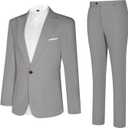 Linen Men Suit Set Casual Tuxedo 2 Piece Regular Fit Blazer One Button Solid Jacket and Pants for Prom Wedding Party (Gray, L)
