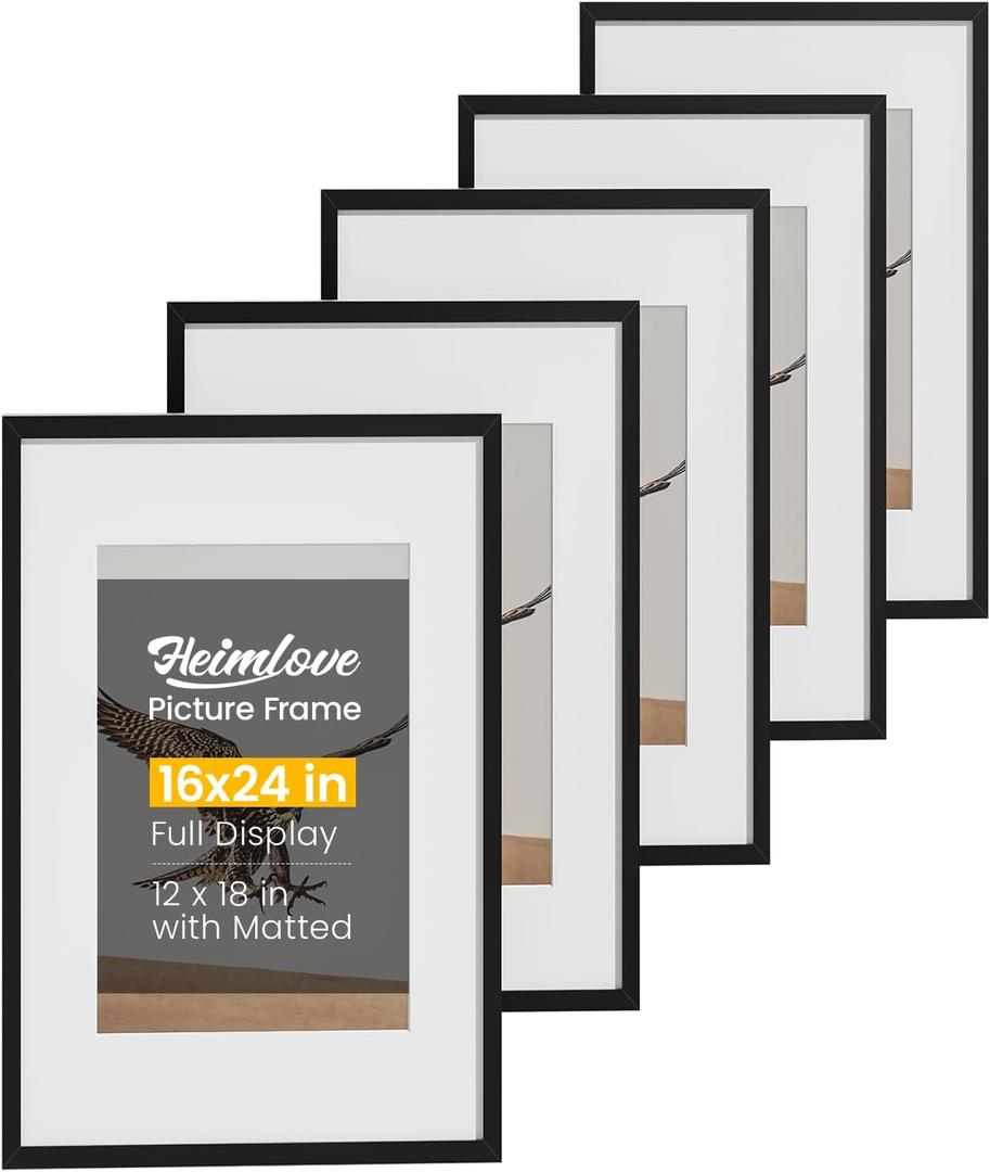 16x24 Picture Frame Set of 5,Display 12x18 Pictures with Mat or 16x24 without Mat, Black Photo Frames Tabletop or Wall Mount Display for Poster Diploma Certificate Document Prints Photos Paintings (16x24 mat to 12x18, 5 Pack(Black))