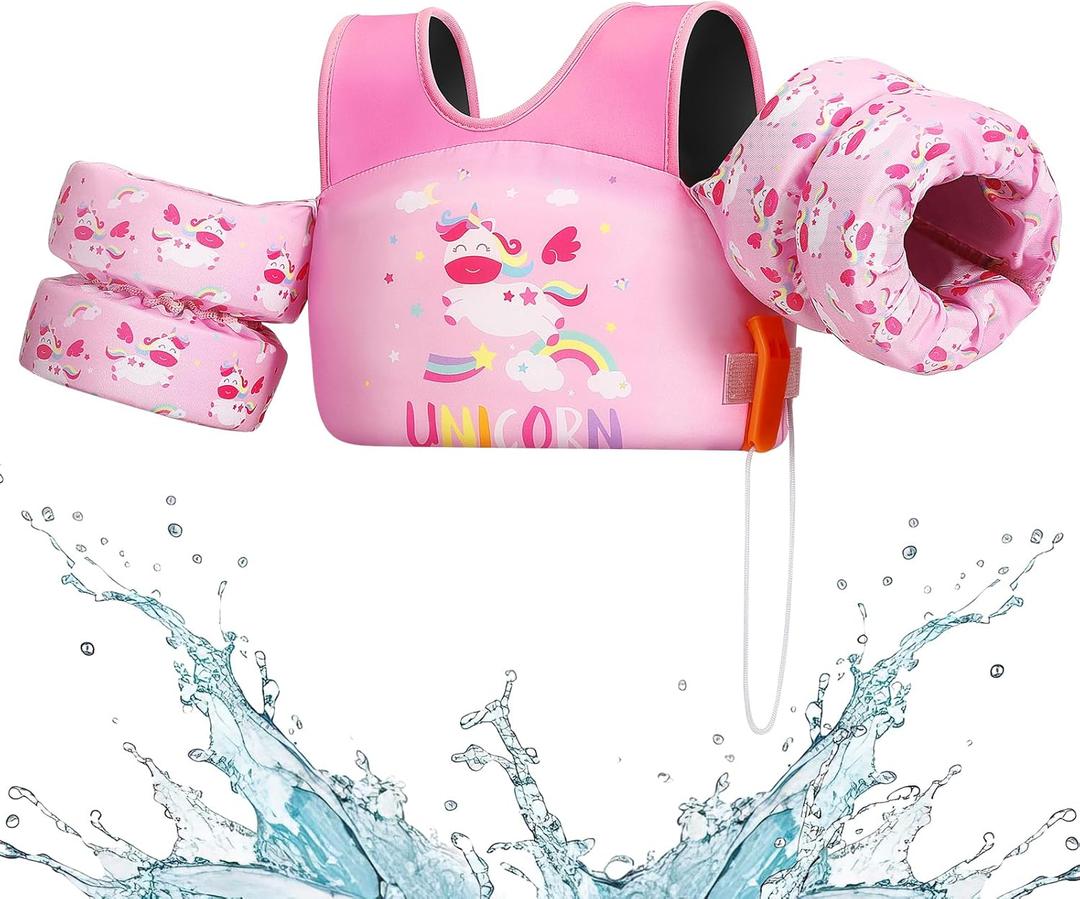 HeySplash Swim Vest for Kids, Toddler Pool Floaties, Children Swimming Vest with Adjustable Strap, Swim Jacket Water Wing Arm Float, Puddle Sea Beach Boat Jumper Boy Girl Baby (C Pink Unicorn)