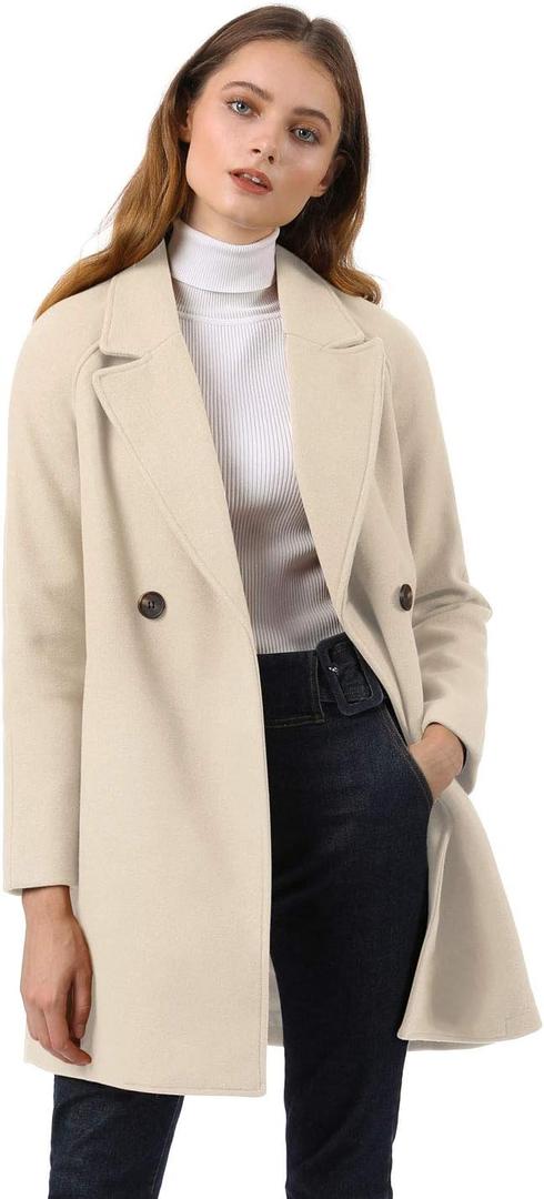 Allegra K Women's Notched Lapel Double Breasted Raglan Winter Coats (Large, Cream White)