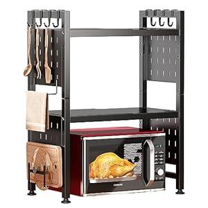 Microwave Stand, 3-Tier Expandable(17.4"-27.4") Microwave Oven Rack, Heavy Duty Adjustable Shelf with 9 hooks, Kitchen Organizer Storage Shelves for Pantry, Countertop, Coffee Bar, Office, Dorm, Black