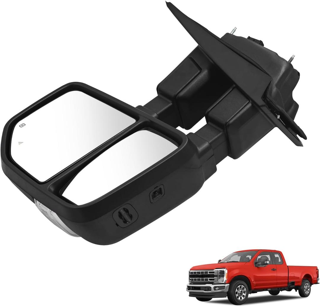 Left Driver Side Tow Mirror Compatible with Ford F250 F350 F450 F600 2023 2024 Power Heated with Turn Signal Light Driving Light BSM Signal Light PC3B17683CD