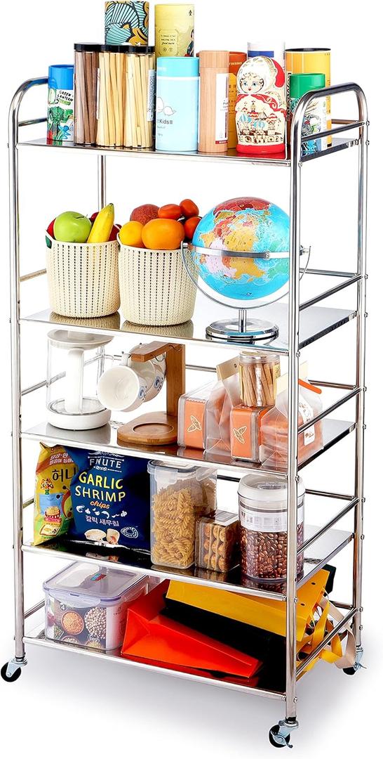 susunnus Stainless Steel Cart with Wheels 5 Tier,Stainless Steel Kitchen Cart,Stainless Steel Utility Cart,Metal Cart with Wheels,Suitable for Various Occasions,Movable,Gift Tools (5T)