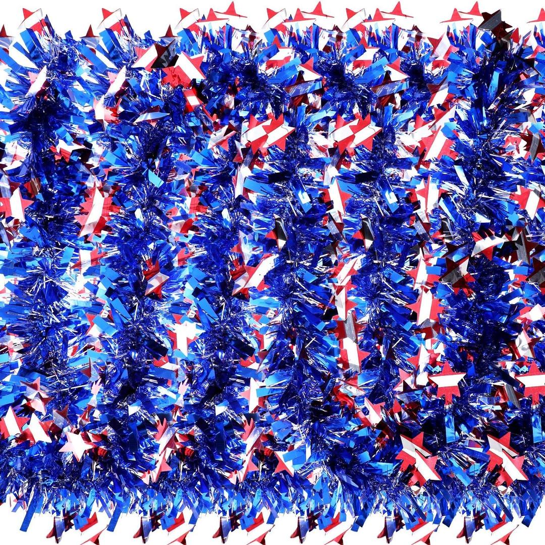 WILLBOND 6 Pcs Total 40 Feet 4th of July Decoration Red White Blue Tinsel Garland Patriotic Metallic Chunky Glitter Tinsel for Memorial Day Independence Day Celebration Holiday Decorations