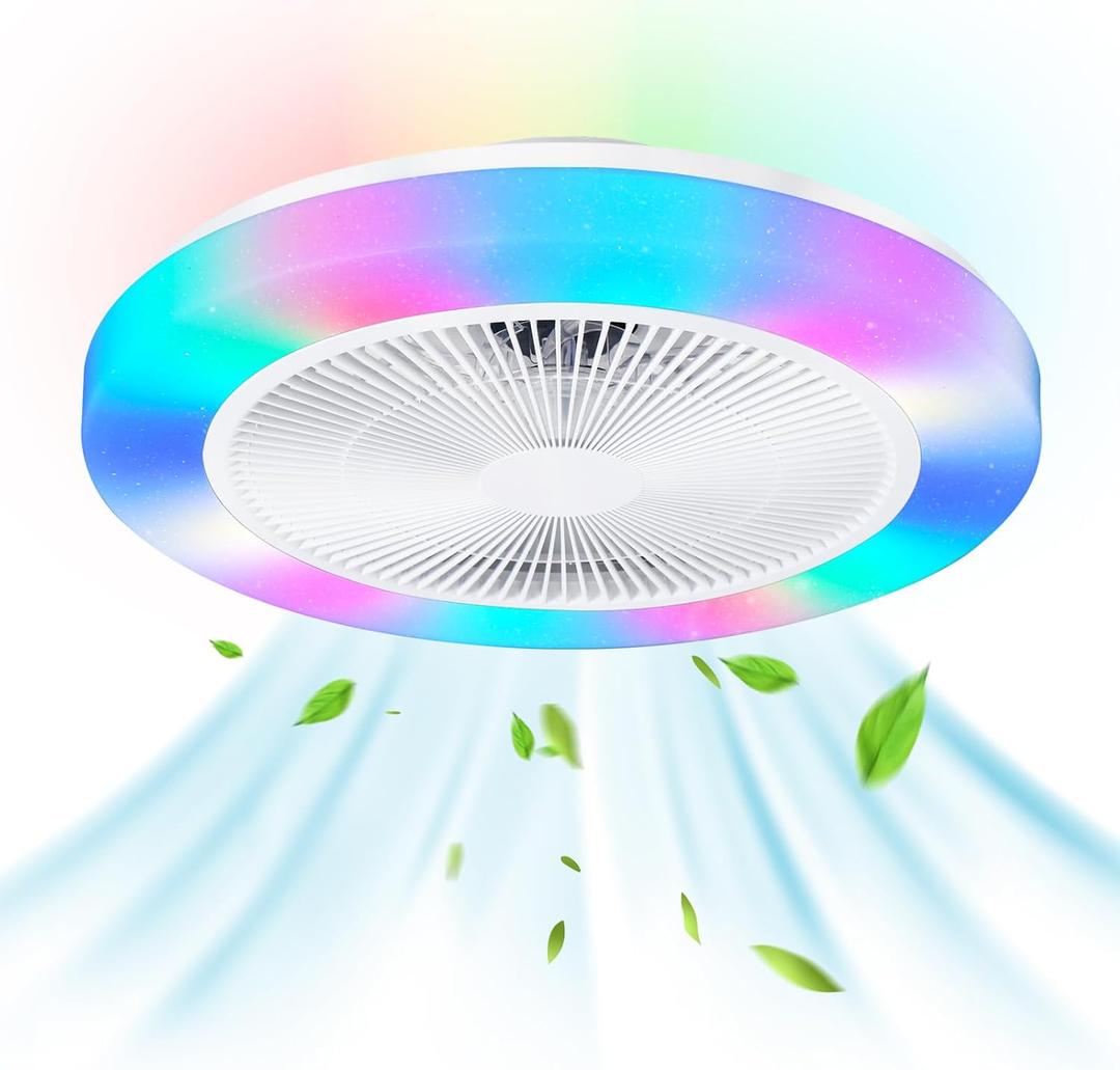 Low Profile Ceiling Fan with Light, 19.6in RGB-LED Dimmable Enclosed Ceiling Fans with APP Control, 6 Speeds Bladeless Flush Mount Enclosed Ceiling Fan for Bedroom Kids Room Party(White)