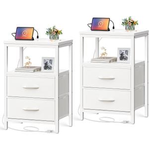 Huuger Nightstands Set of 2, End Tables with Charging Station, Side Tables with Fabric Drawers, Bedside Tables with USB Ports and Outlets, Night Stands, PU Leather, White, 11.8"d X 15.7"w X 23.6"h