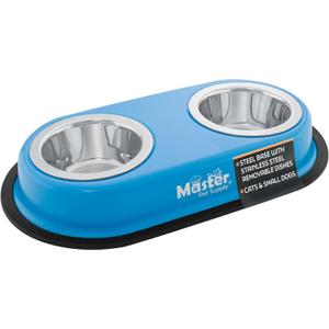 Master Pet Supply Double Dog Bowls Set with Elevated Base and 2 (8 oz) Stainless Steel Removable Dishes (True Blue)  Double Cat Food Water Bowl, Dog Puppy Food Bowl Set, Rust Resistant
