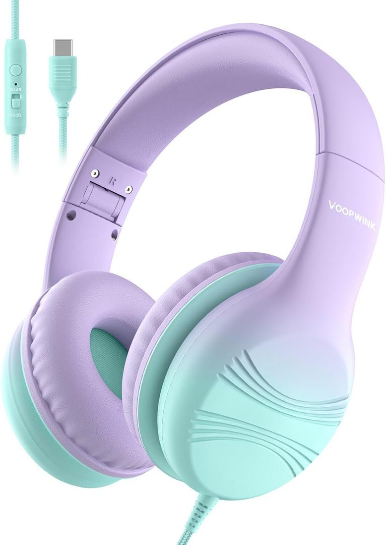 Voopwink USB Type C Kids Headphones, Wired Headphones for Kids with Microphone 85/94dB Volume Limit, Stereo Sound Portable Over Ear Headphones for School/Travel/Tablet/iPad, Green Violet