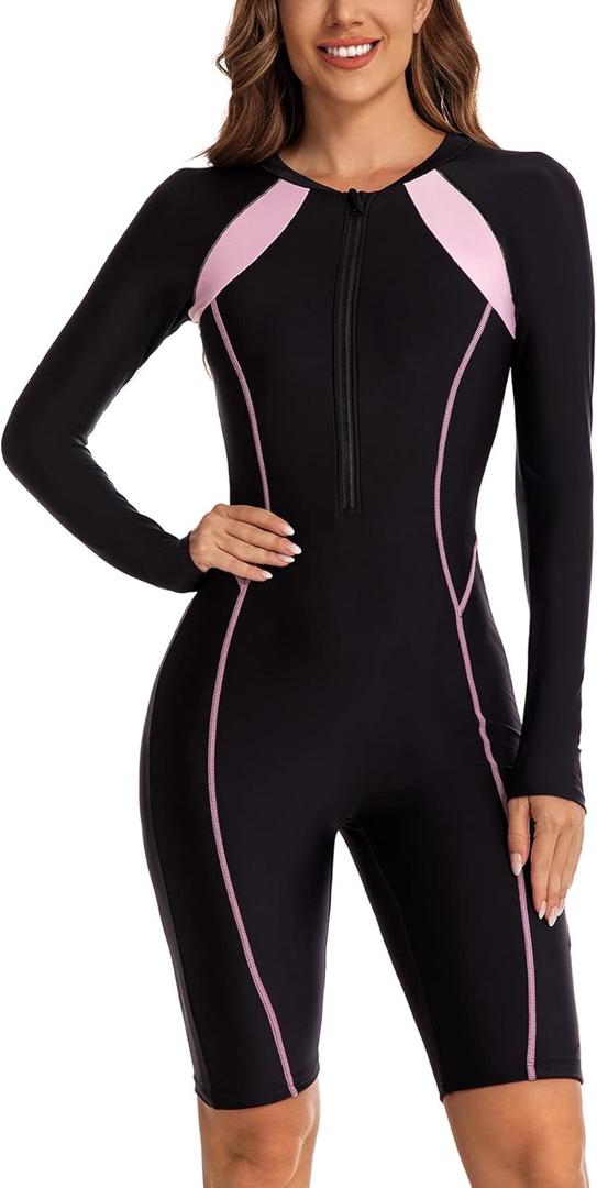 ECUPPER Women Long Sleeve One Piece Swimsuit Boyleg Zipper Rash Guard Bathing Suit Coverage Surfing Swimwear Built in Bra (X-Large, Black-9)