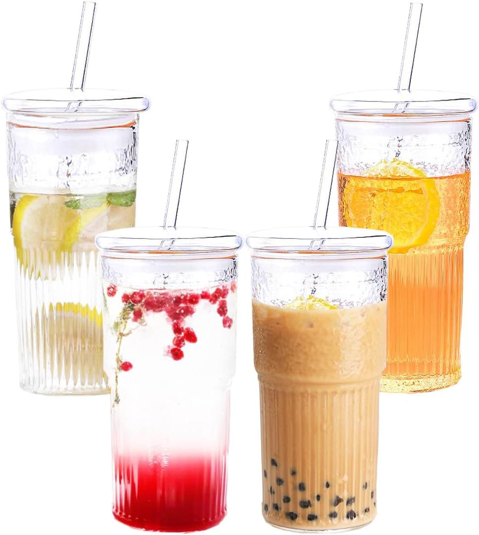 4 Packs 22 oz Glass Cups with Lids and Straws, Ribbed Coffee Mug, Tumbler Water Glass, Reusable Water Bottle Wide Mouth Smoothie Cups, Thick Wall Coffee Iced Tea Cup Pearl Tea,Juice