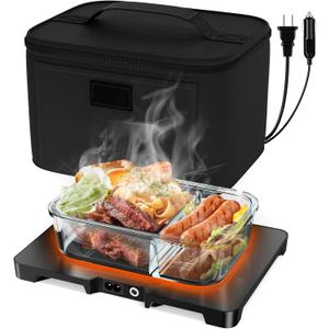 Electric Lunch Box Food Heater - 12V/24V/110V 3-in-1 Portable Oven Car Food Warmer, Mini Personal Microwave Heated for RV, Truck, Camping, Travel, Work, Office and Home Use (Black)