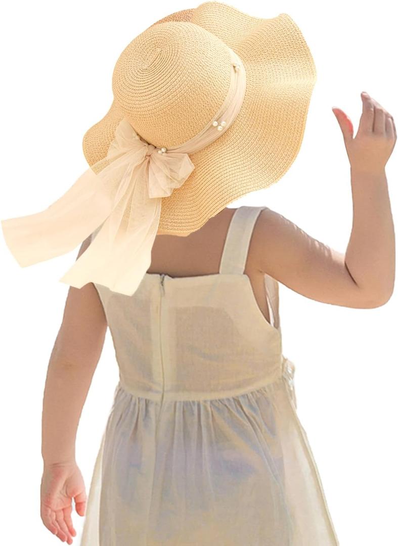 Kunyeah Kids Girl Summer Straw Hat Foldable Wide Brim Cap Sun Visor Hats Sun Protection Beach Hats Bowknot Floppy Cap (One Size, Beige)