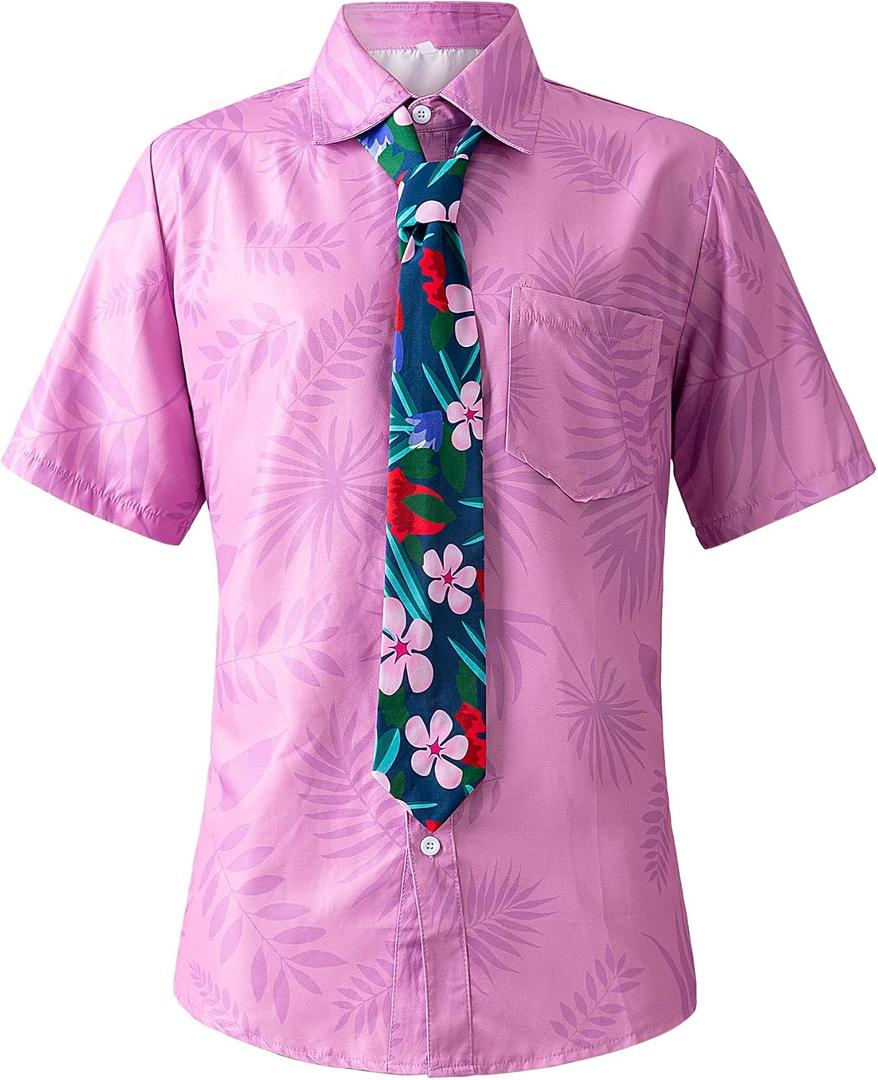 Halloween Cosplay Costume Halloween Costume for Men Pink Printed T-Shirt Headband Purple Tie Set (Pink, XL)