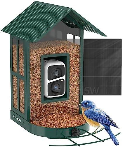 Soliom- Bird Feeder with Camera, 5W Solar Powered, AI Identify Species, Smart Wild Bird Watching, 2K Live View, Instant Arrival Alerts,Large 2.7L Seed Capacity, Metal Squirrel Chew-Proof - BF08 Green