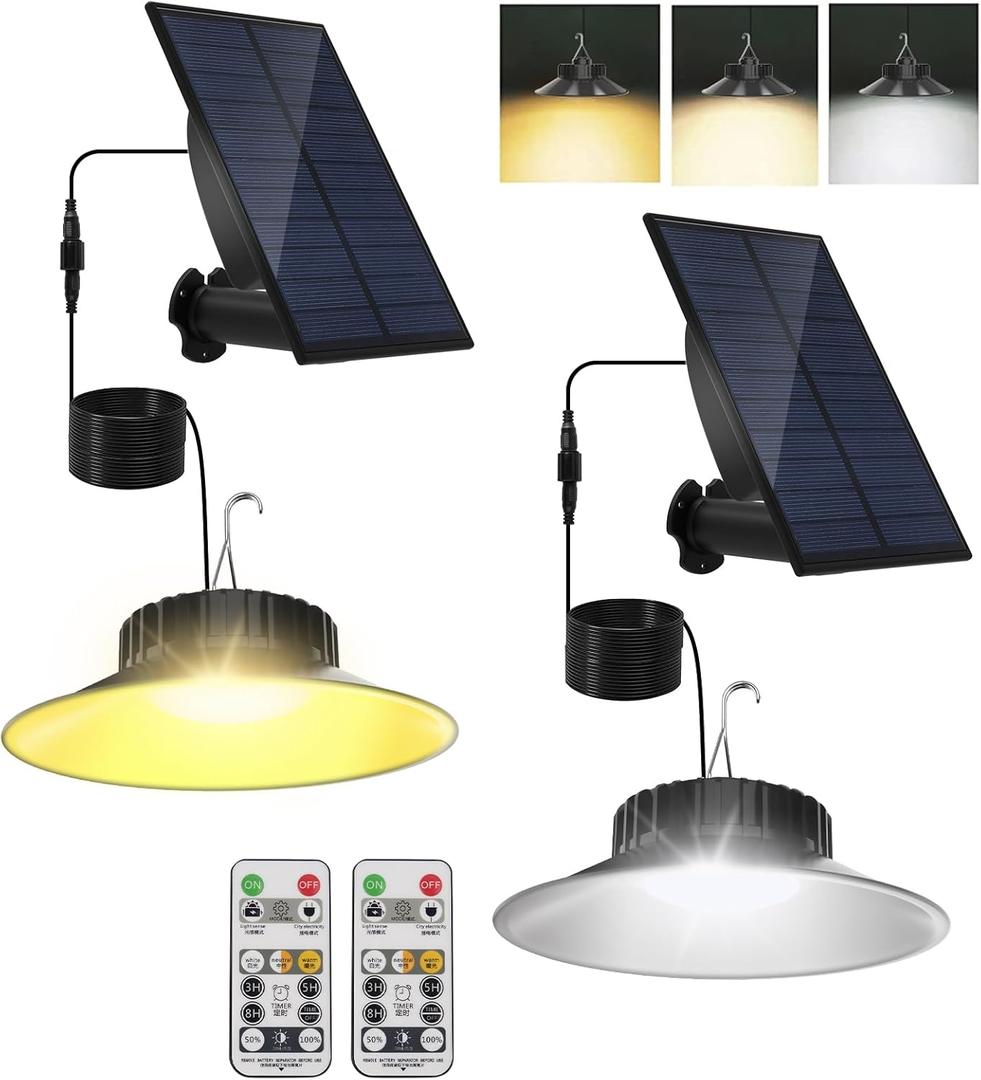 2 Pack Solar Shed Light Outdoor Indoor, Solar Powered Pendant Light with Remote 3000K/4000K/6000K, IP65 Waterproof for Garden, Patio, Balcony, Barn, Shed, Chicken Coop, Gazebo