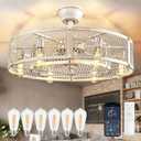 DLLT Caged Ceiling Fan with Lights: 26" Large Bladeless Fandelier with Light and Remote - Cement Industrial Chandelier Fan Light Semi Flush Mount Rustic Enclosed Fans Bedroom Dining Room Kitchen (White Gold)