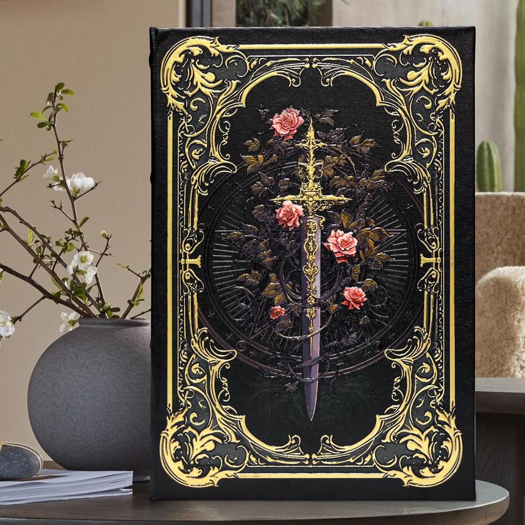 Premium Canvas Book Shaped Box with Gold Foil Decorative Storage,Secret Safe for Valuables, Remote Control Holder Elegant Home Office Decor Large Size Box