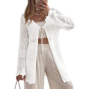SHEWIN Crochet Cardigans for Women Long Sleeve Tie Front Bow Cardigan Sweaters Hollow Out Knit Summer Beach Vacation Coverups (X-Large, White)