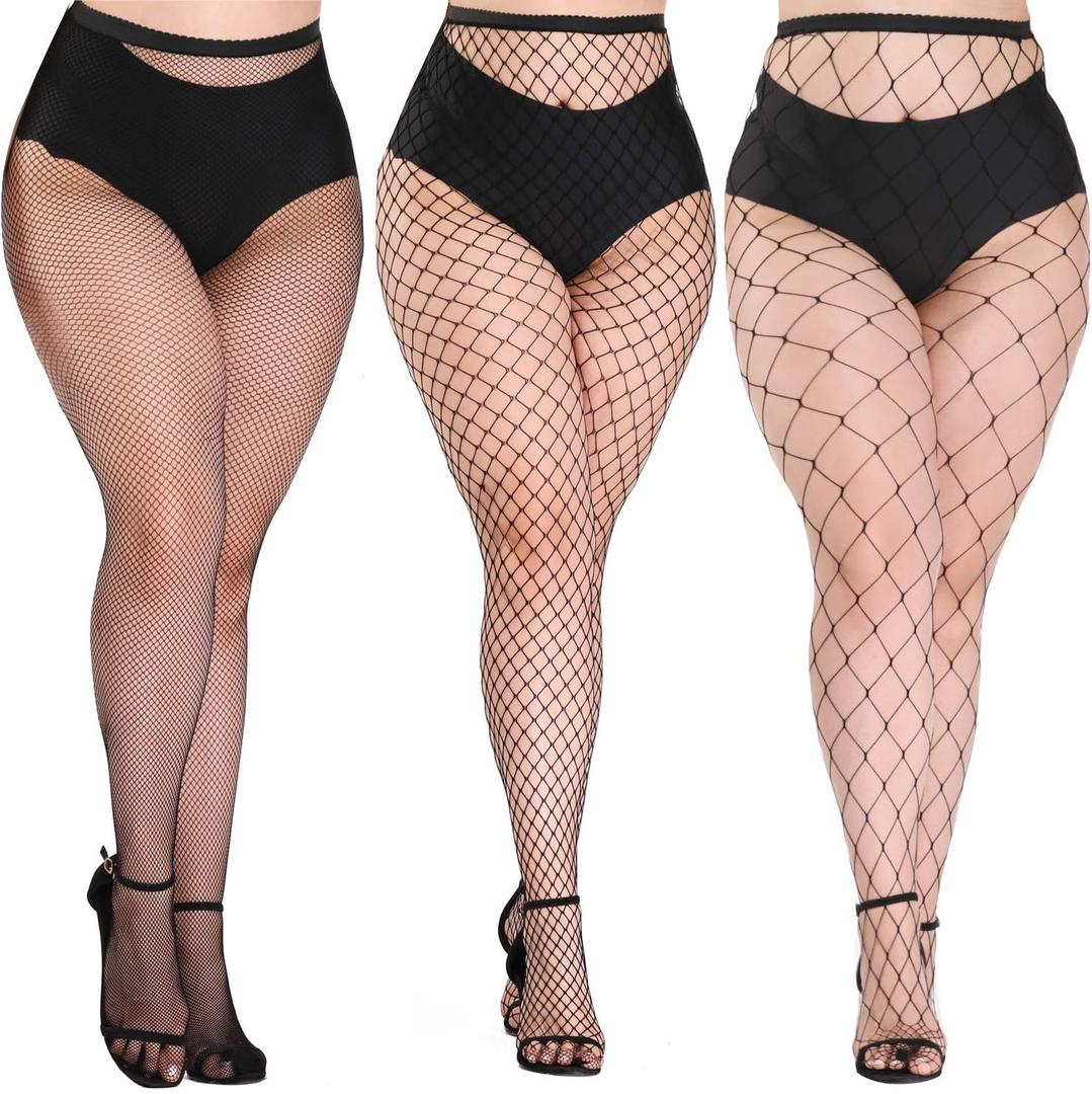 5 x akiido Fishnet Stockings for Women, Black Fishnets Tights Thigh High Stockings Pantyhose, Plus Size Fits All (Black03-3pairs-large&mid&mini Grid)