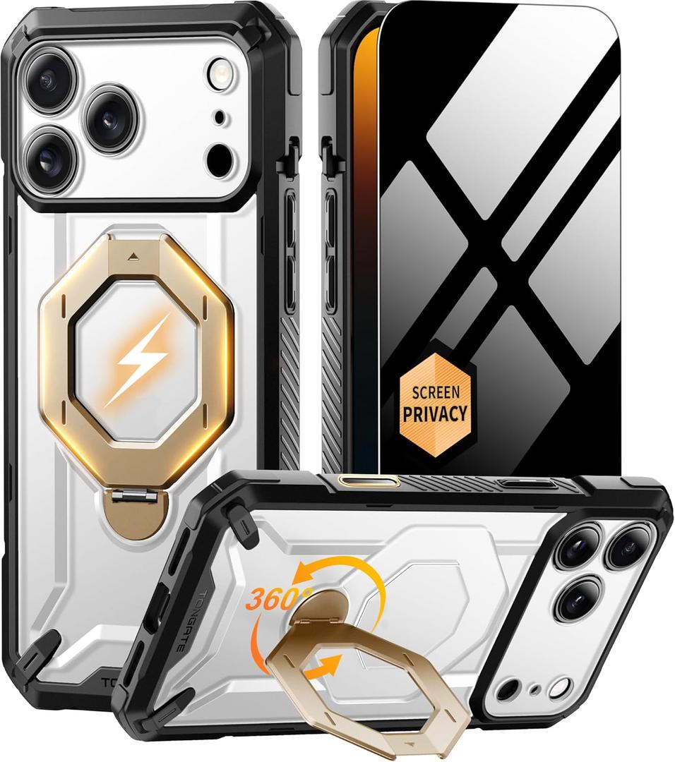 TONGATE for iPhone 17 Pro Case with 360 Spin Magnetic Stand, [Compatible with MagSafe][Military-Grade Protection] with Privacy Screen Protector & Camera Control Cover for iPhone 17 Pro, Clear