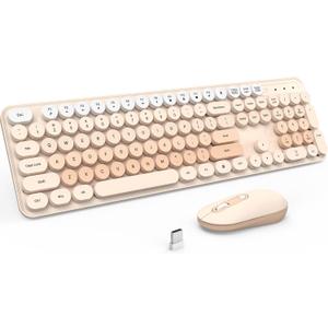 Wireless Keyboard and Mouse, Silent Keyboard Mouse Combo, Full-Sized Colorful Typewriter Keyboard with Round Keycaps, 2.4G Cute Mouse Compatible with PC/Laptop/Computer(Milk Tea)