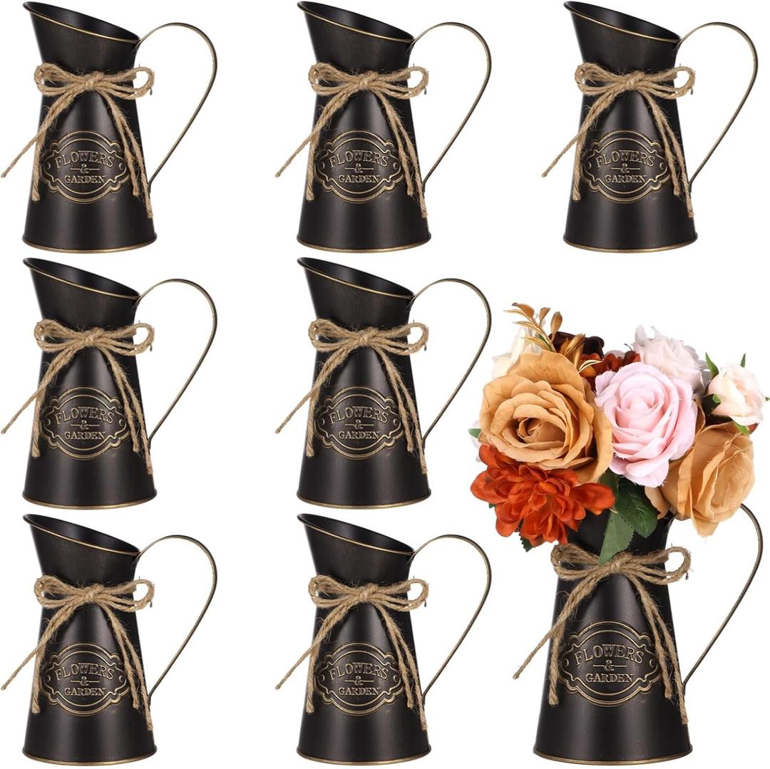 Rustic Metal Jug Vase, 7.9 Inch Tall, 8 PCS Metal Pitcher Vase for Flower, Farmhouse Decor Vintage Kitchen Bathroom Decor Vases for Home