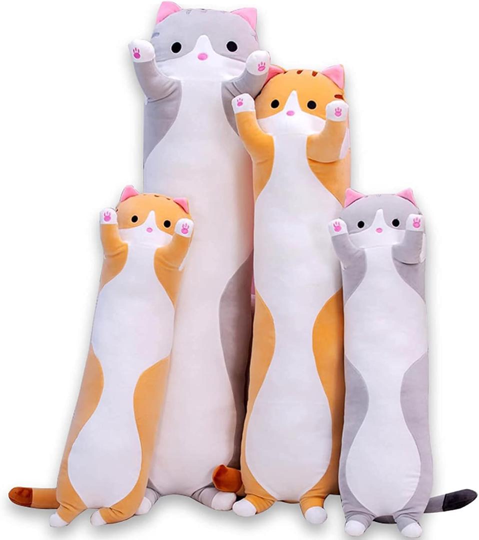 Cute Cat Plush Long Body Pillow Cuddle Cartoon Stuffed Animals Cat Plushie Soft Doll Pillows Gifts for Kids Girls (Gray, 19 Inches), 1 Count