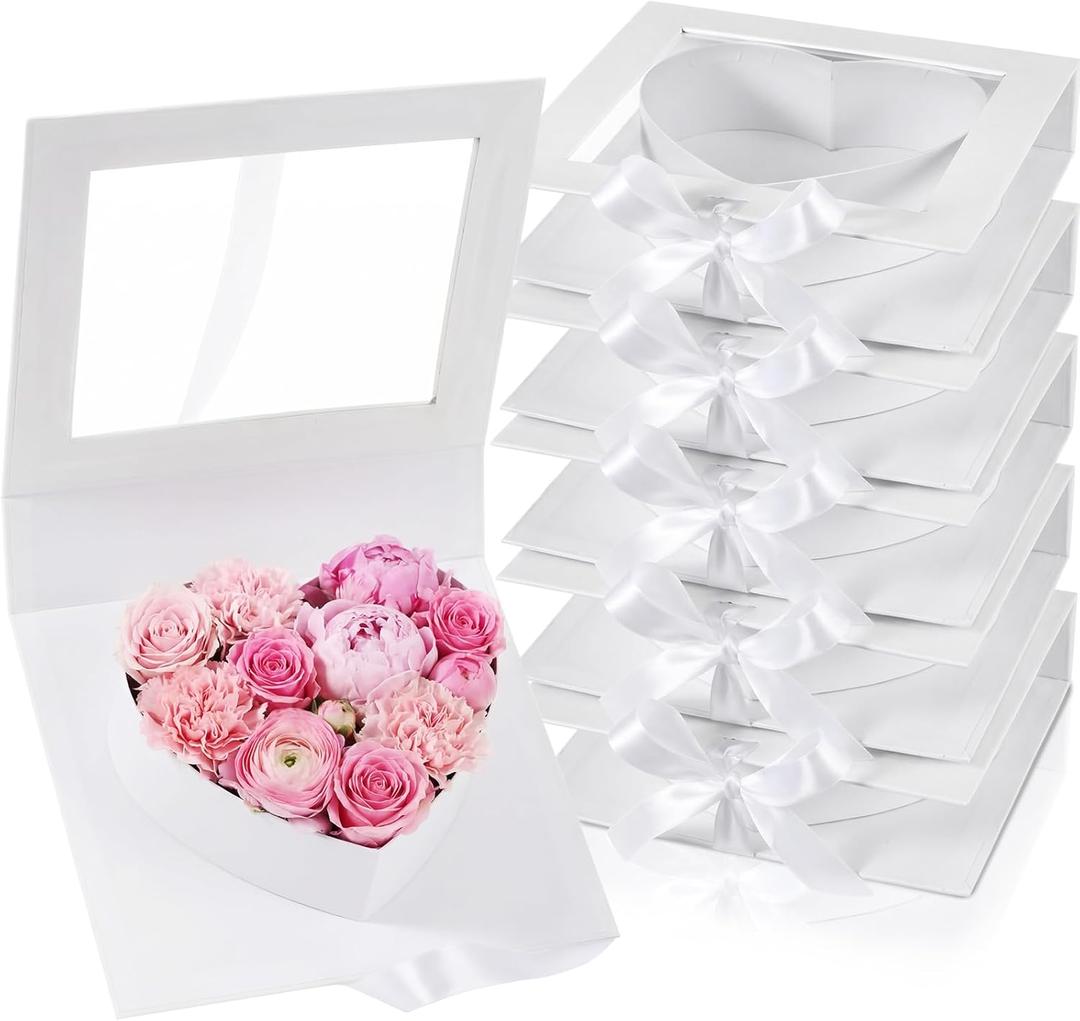 Mooliwe 6 Pack Heart Shaped Flower Gift Box, Bridesmaid Groomsmen Proposal Box, Treat Fillable Gift Packaging Boxes with Ribbon Cardboard for Wedding Birthday Love Favors(White)